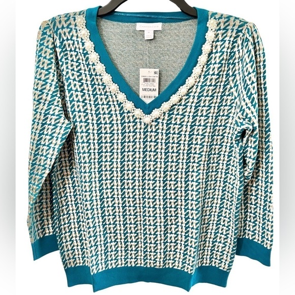 Charter Club Teal v-neck pearl Sweater NWT - Picture 2 of 4